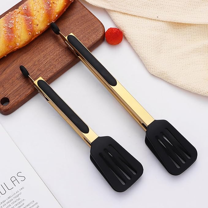 2-Piece Kitchen Spatula Tongs Food Serving Tongs 9" and 12" Cooking with BPA Free Silicone Tips(Gold)