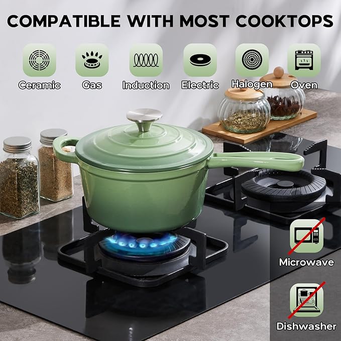 Onader 1QT Enameled Cast Iron Saucepan with Lid, Small Sauce Pan, Enamel Cast Iron Dutch Oven Cooking Kitchen Pot, Nonstick & Heavy Duty ??Pistachio Green