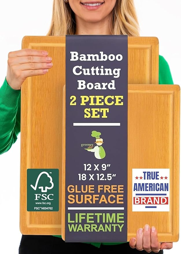 Extra Large Bamboo Cutting Board Set of 2 ??Wood Cutting Boards for Kitchen with Glue-Free Surface??& Juice Groove ??Non-Toxic Wooden Chopping Boards, FSC-Certified, Durable Carving Boards - Rectangle