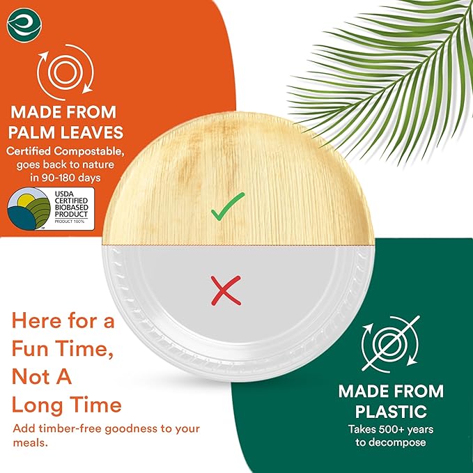 ECO SOUL Palm Leaf Plates 8"(100 Count) Round Compostable Bamboo Plates Heavy- Duty, Biodegradable Eco-Friendly Dinnerware for Christmas Party Dinner, Wedding, Holiday & Event