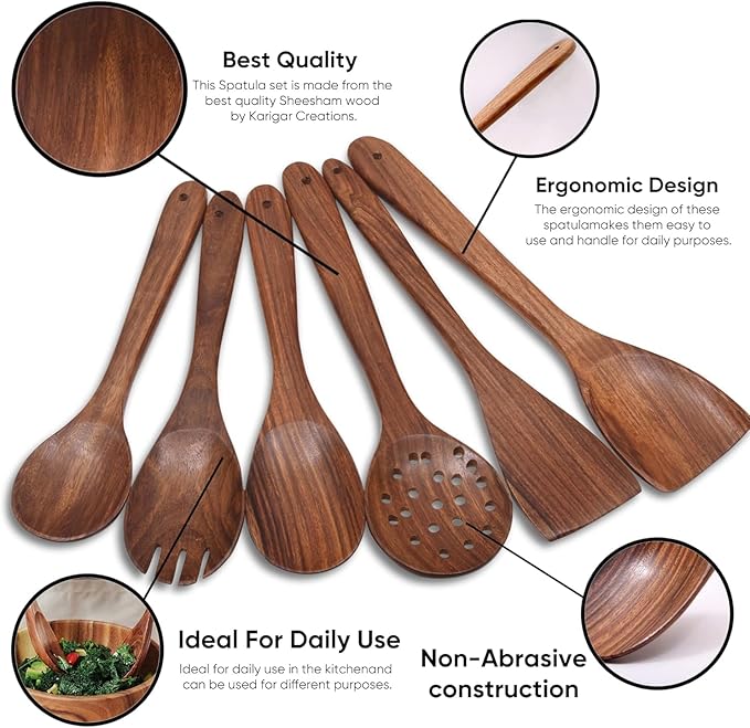 AURUM Wooden Spatula Spoons Set for Cooking & Serving | Teak Wood Spatulas Utensil Set for Nonstick Pans & Cookware (Set of 3)