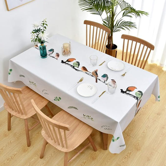 LOHASCASA Farmhouse PVC Tablecloth Spill Proof Plastic Oilcloth Vinyl Washable Wipeable Water Resistant Modern Large Oblong Tablecloth Protector Patio Fall 8ft White Bird 54x84 Inch