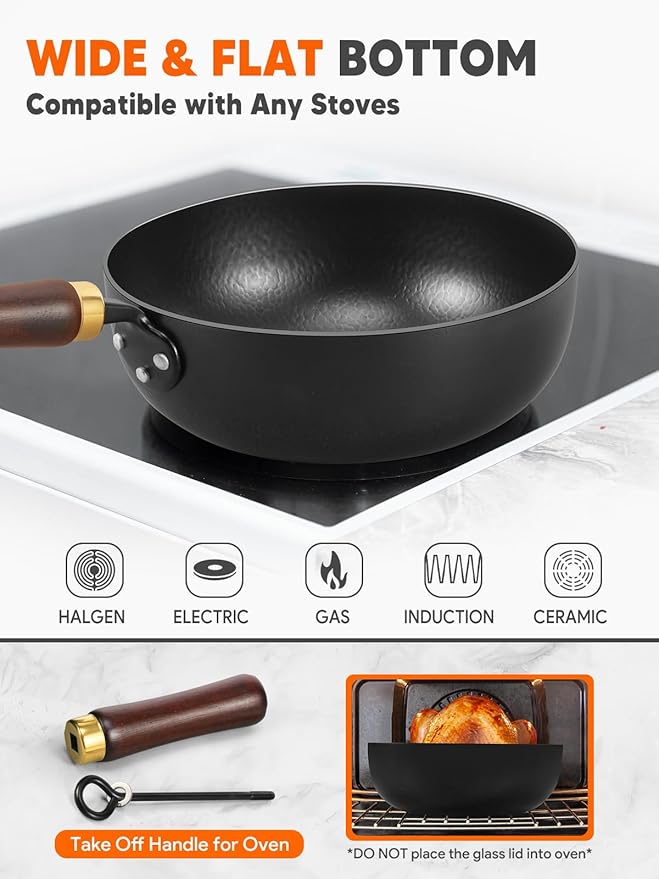 Carbon Steel Wok, 9.5" Deep Frying Pan With Lid, Flat Bottom Small Wok, 3-Qt. Saute Pan, Authentic Chinese Stir-Fry Pans with Glass Lid