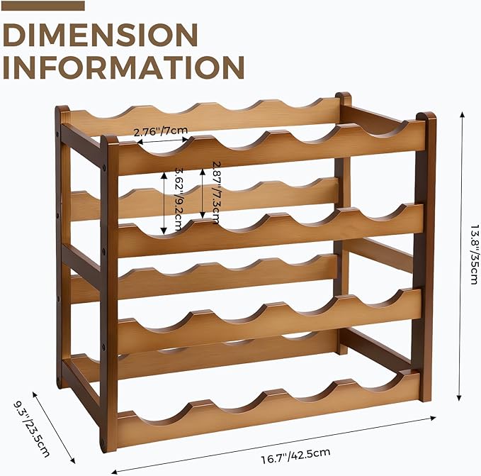 Janedream 4-Tier Bamboo Wine Rack for 16 Bottles, Easy-to-Assemble Countertop Wine Storage Shelf, Sturdy Tabletop Wine Holder for Kitchen, Inside Cabinet, Pantry, or Home Bar (4 Tier)