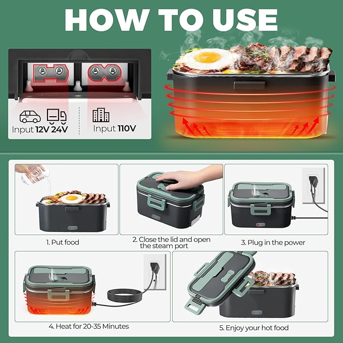 Vidaskeci Electric Lunch Box for Adultss 100W 1.8L Portable Heated lunch box for men 12V/24V/110V home/Car/Office/Truck,1,8L Removable 304Stainless Steel Container (Dark Green)