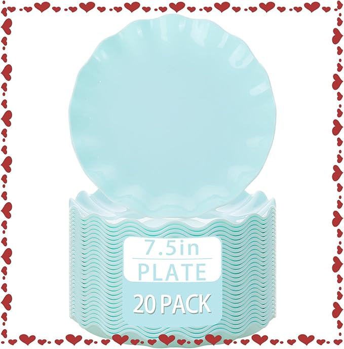 LIYH 20 Pcs 7.5 Inch Ice Blue Plastic Scalloped Plates Reusable - Unbreakable Dessert Plastic Cake Plates Dishwasher Safe Perfect for Party Birthday