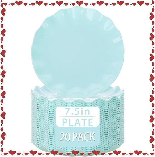LIYH 20 Pcs 7.5 Inch Ice Blue Plastic Scalloped Plates Reusable - Unbreakable Dessert Plastic Cake Plates Dishwasher Safe Perfect for Party Birthday