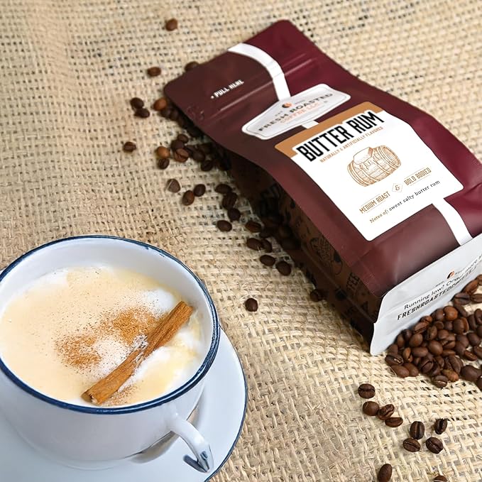 Fresh Roasted Coffee, Butter Rum Flavored Coffee, 12 oz, Medium Roast, Kosher, Ground