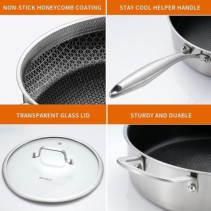 DELARLO Tri-Ply Stainless Steel 12 Inch Deep Frying Pan with lid,7QT Saute Pan Nonstick,Compatible with All Cooktops,Oven Up to 660??Chicken Fryer,Dishwasher-Friendly