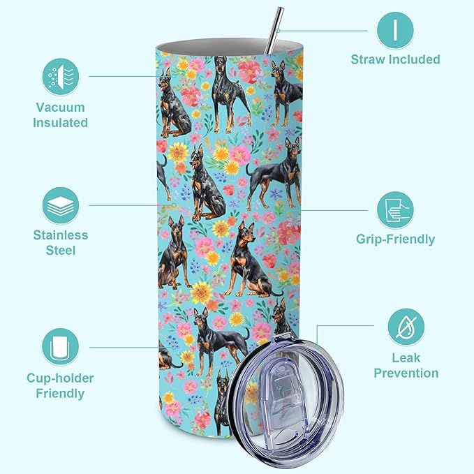 Yogusut Doberman Gifts for Women, 20oz Stainless Steel Insulated Tumbler Travel Mug Cup with Lid Straw Brush, Gifts for Dog Mom Dog Lover