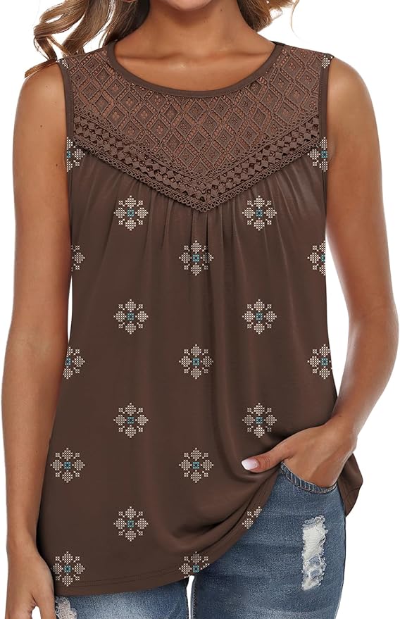 XIEERDUO Womens Tank Tops Sleeveless Lace Crochet Boho Tops Loose Fit Pleated Tunics Crewneck Summer Vacation Outfits Flowy