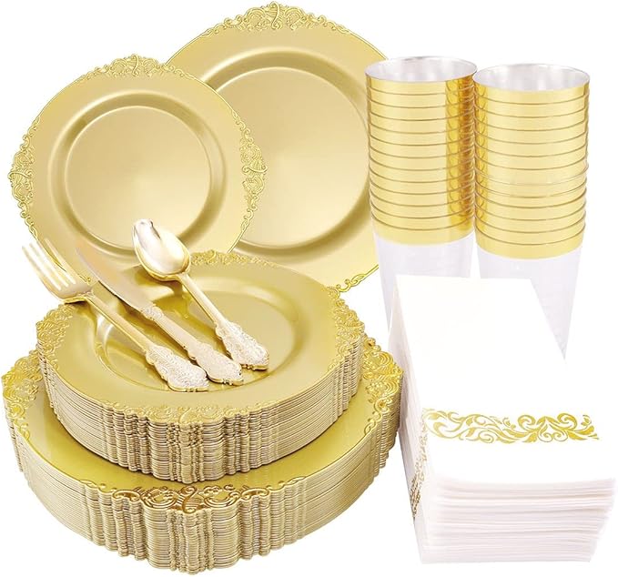 Morejoy 175PCS Solid Gold Plastic Plates with Gold Rim竊똤old disposable dinnerware sets Include 25 Dinner Plates,25 Dessert Plates,25 Cutlery Sets,25 Napkins Perfect for Party & Christmas