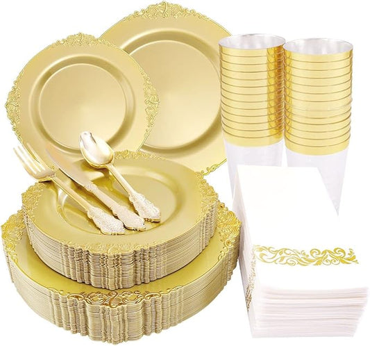 Morejoy 175PCS Solid Gold Plastic Plates with Gold Rim竊똤old disposable dinnerware sets Include 25 Dinner Plates,25 Dessert Plates,25 Cutlery Sets,25 Napkins Perfect for Party & Christmas