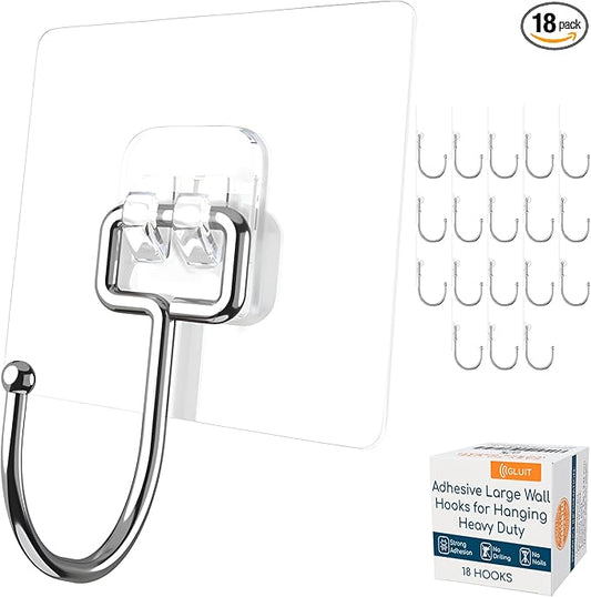 GLUIT Adhesive Large Wall Hooks for Hanging Heavy Duty 22 lbs Hooks for Walls No Damage, Towel Sticky Clear Hooks, Waterproof, Home, Bathroom, Kitchen, Office, and Outdoor, 18 Pack