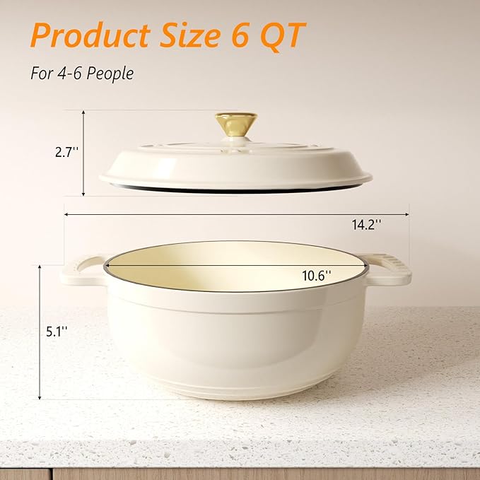 Bonnlo 6QT Round Dutch Oven, Enameled Cast Iron Dutch Oven Pot with Lid & Dual Handles, Oven Safe Up to 500째 F, for Sourdough, Bread Baking, Stews and Roasting, White