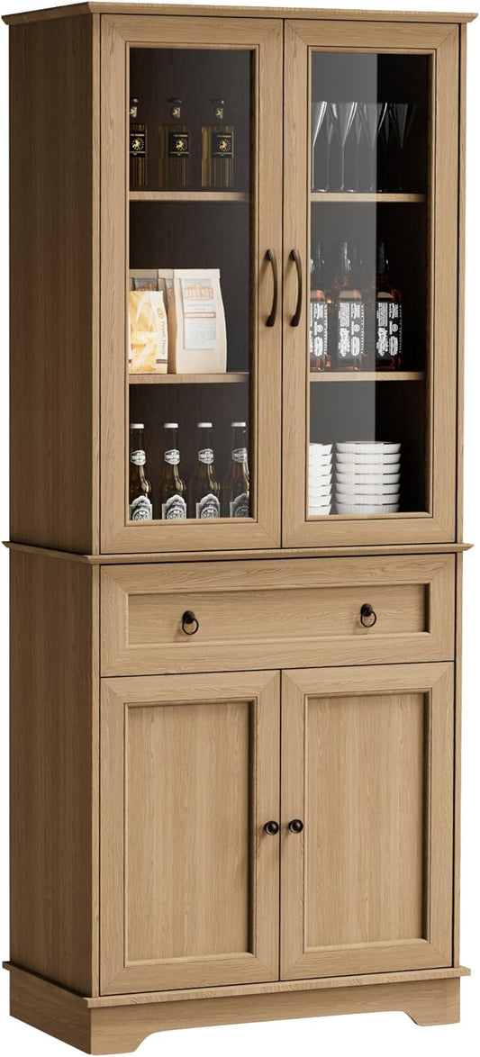 72" Tall Kitchen Pantry Storage Cabinet with Glass Doors and Drawer,Farmhouse Cupboard with Adjustable Shelves,Freestanding Food Pantry for Kitchen,Dining,Living Room,Natural