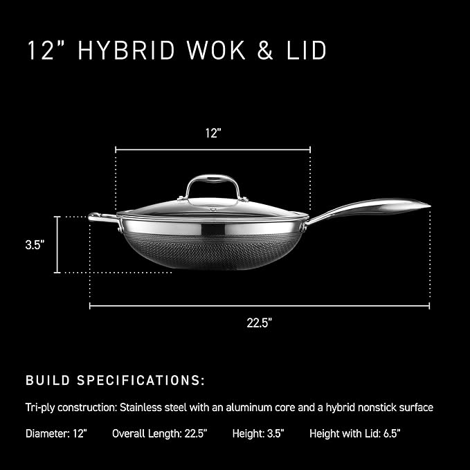 HexClad Hybrid Nonstick 12-Inch Wok, Stay-Cool Handle, Dishwasher-Friendly, Oven-Safe Up to 900째F, Induction Ready, Compatible with All Cooktops