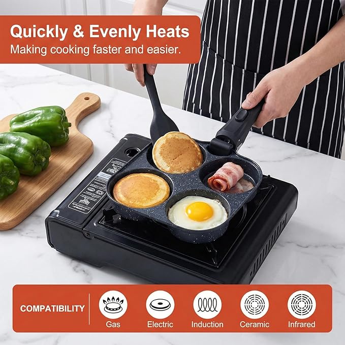 4-Cup Egg Pan Nonstick, Aluminum Omelette Pan with Detachable Handle, Fast Heating Breakfast Omelette Skillet for Fried Eggs Cooker, Pancakes, Suitable for Gas Stove & Induction Cookware