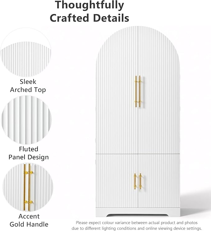 72" Tall Arched Kitchen Pantry Cabinet, Fluted Storage Cabinets with Hidden Drawer and 3 Adjustable Shelves, Cupboard with Door Shelves for Kitchen, Dining and Bathroom, White