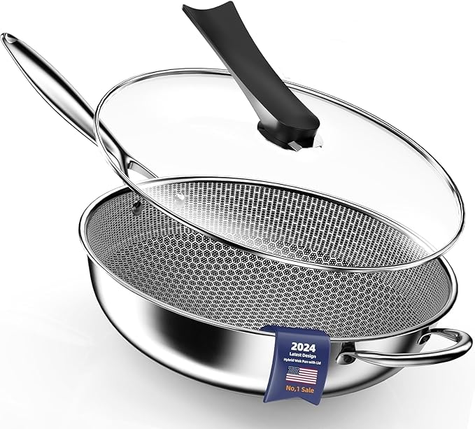 Wok pan,Hybrid 13 inch Deep Fry Wok with Lid, Nonstick Wok with Stay-Cool Handle, Compatible with All Cooktops Including Induction, Stir Fry Pans with Round Bottom (LO9)