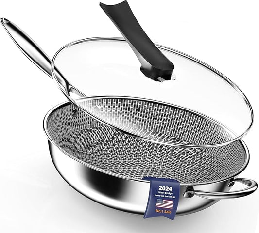 Wok pan,Hybrid 13 inch Deep Fry Wok with Lid, Nonstick Wok with Stay-Cool Handle, Compatible with All Cooktops Including Induction, Stir Fry Pans with Round Bottom (LO9)