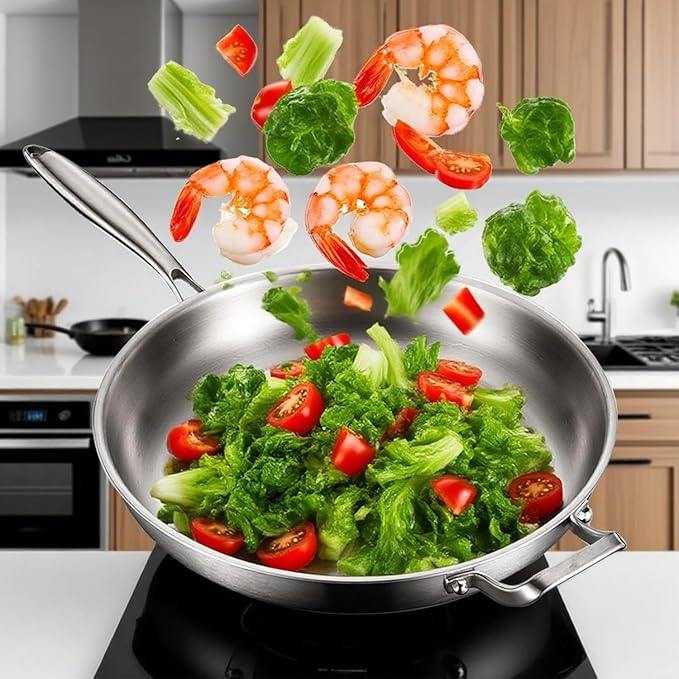 DELARLO 2-Piece Stainless Steel Pan 12-inch & 14-Inch, Frying Pan with Lid, Heavy Duty, Compatible with Induction, Electric up to 650?? Fast & Even Heating, Durable, Dishwasher, Oven Safe Skillet
