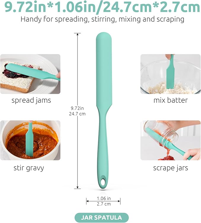 U-Taste Skinny Silicone Jar Spatula: 600쨘F Heat-Resistant Food-Grade 10in Long Narrow Sourdough Stirring Stick, Seamless Flexible Peanut Butter Spreader for Scraping Icing Bread Cream, Jam (Aqua Sky)