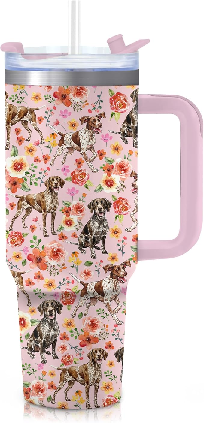 Yogusut German Shorthaired Pointer Gifts for Women, 40oz Stainless Steel Insulated Tumbler Travel Mug Cup with Handle Straw, Gifts for Dog Mom Dog Lover