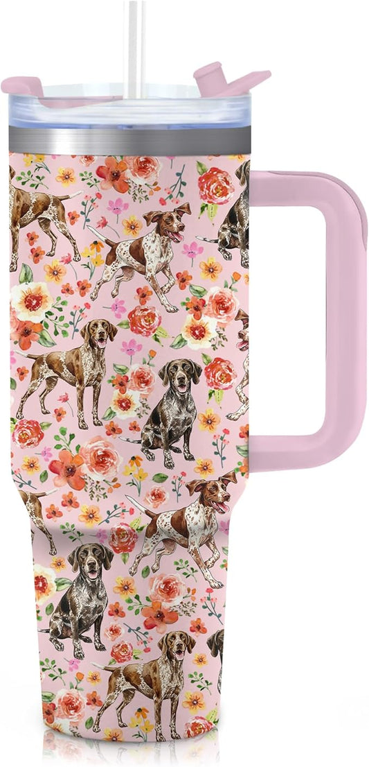Yogusut German Shorthaired Pointer Gifts for Women, 40oz Stainless Steel Insulated Tumbler Travel Mug Cup with Handle Straw, Gifts for Dog Mom Dog Lover