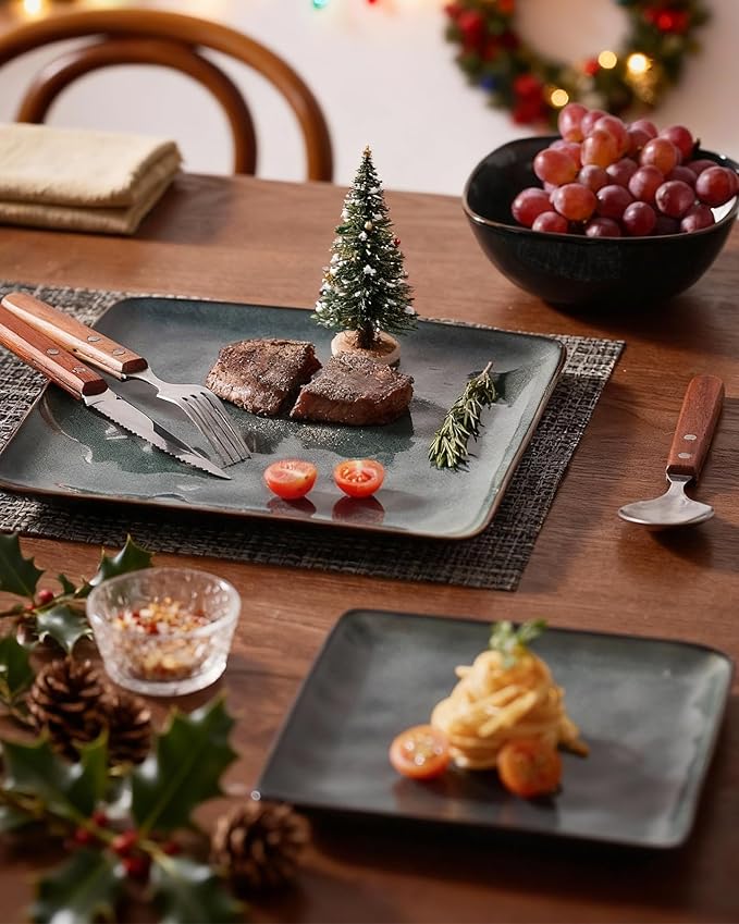 Famiware Ocean Square Plates and Bowls Set, 18 Pieces Dinnerware Sets, Dishes Set for 6, Microwave and Dishwasher Safe, Scratch Resistant, Deep Forest