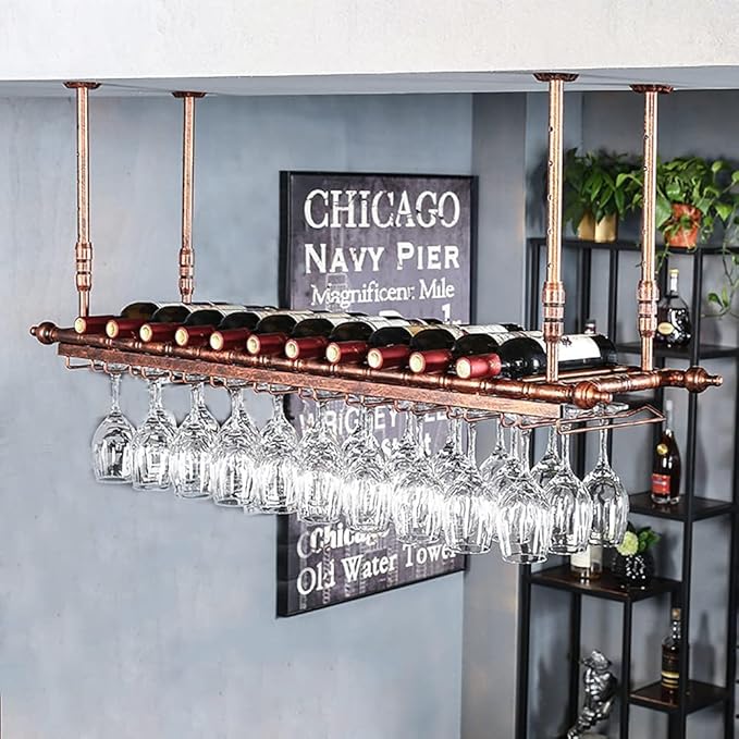 Rustic Wine Rack Wall Mounted with Glass Holder, Adjustable Hanging Bar Wine Glass Rack Ceiling, 47.2in Bottle Holder Wine Shelf Shelves, Perfect for Bar Kitche