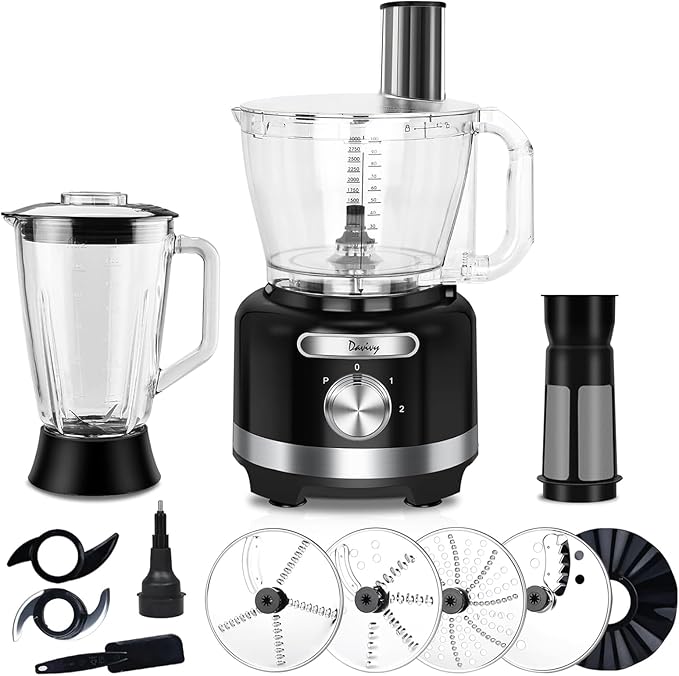 Davivy 16-Cup Food Processor and Blender, 6-Cup (50oz) Glass Blender Food Processors Combo ??10-in-1 Full-Size Food Processor with 600W Motor, 2 Speeds + Pulse for Home Use, Black