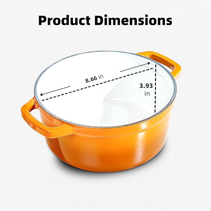 2-in-1 Enameled Cast Iron Braiser Pan with Grill Lid 5-Quart Small Dutch Oven, Non-Stick Cookware Multi Cooker for Bread Baking Cooking Stewing, Suit for All Cooktops, Dual Handles & Oven Safe, Orange