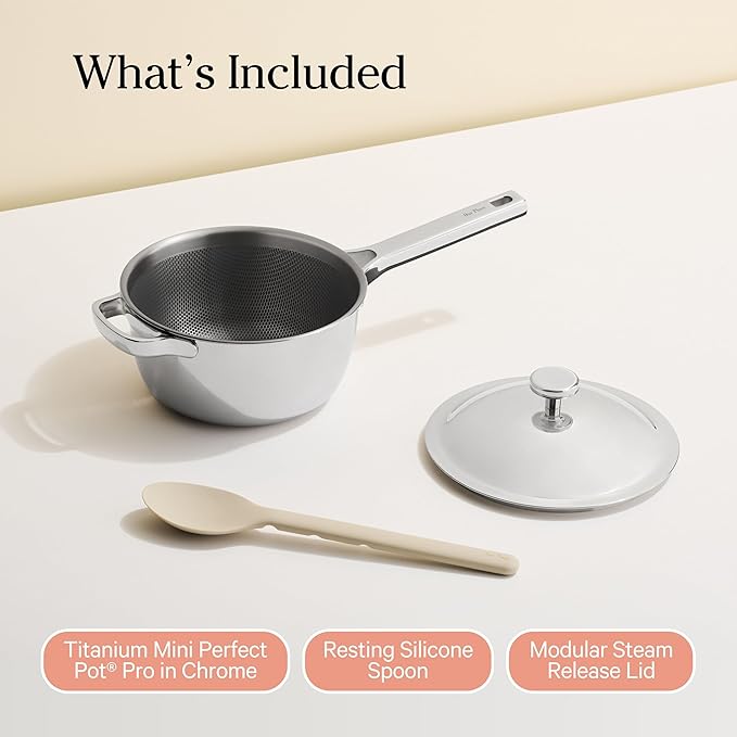 Our Place Mini Titanium Perfect Pot Pro | 2.75 Qt Cooking Pot with Lid & Silicone Spoon | PFAS-Free Nonstick, Fully-Clad Tri-Ply Stainless Steel & Aluminum | Induction & Oven-Safe to 1000째F | Chrome