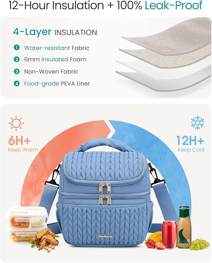LEADVENST Lunch Bag Women, Double Deck Insulated Lunch Box - Large Capacity 12L with Detachable Divider for Tall Items, Leakproof, Durable & Reusable Cooler Bag For Work Picnic Travel, Quilted Blue