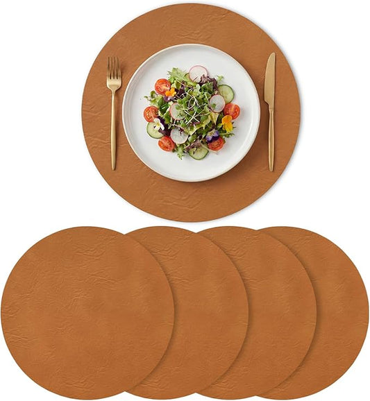 Artoid Mode Rust Faux Leather Placemats Set of 4, 15 Inch Waterproof Wipeable Heat Resistant Place Mats, Reversible Table Mats for Fall Kitchen Dining Decor