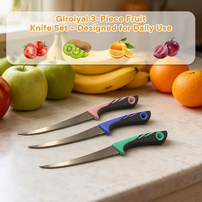 3 Pack Tomato Knife Set, Serrated Stainless Steel Paring Knives ??Ultra-Sharp Tomato Slicers with Non-Slip Handles for Fruits, Veggies & Bread
