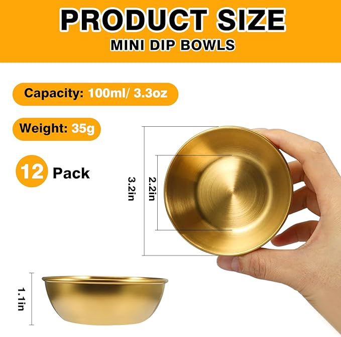 12 Pack 3.2 Inch Gold Stainless Steel Dipping Bowls ??Small Bowls for Dips, Soy Sauce, Condiments, Appetizers, Facial Bowl for Esthetician Use