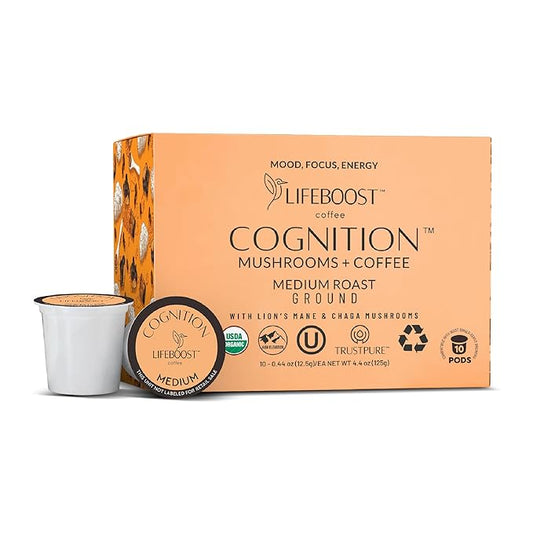 Lifeboost Cognition Mushroom Coffee Pods ??Organic Low Acid K-Cups with Lion?셲 Mane & Chaga Adaptogens ??Nootropic Coffee for Energy, Focus & Immune Support ??10 Count