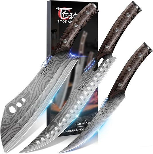 Butcher Knife Set, 3 PCS Kitchen Knives Set for Cutting, Meat Cleaver Chef Knife Set, Japanese Style High Carbon Steel Knives Set, Chopping & Slicing & Boning for Home and BBQ, Christmas gift