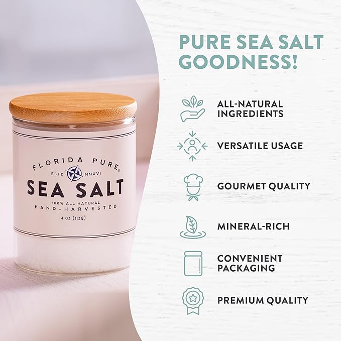 Pure Sea Salt by FLORIDA PURE - 80+ Mineral Sea Salt, Natural, Unrefined, Non Iodized, Addititive-free - for Baking, Cooking, Seasoning & Enhancing Taste - Pure Hand-harvested Flaky Sea Salt (4 oz Jar)