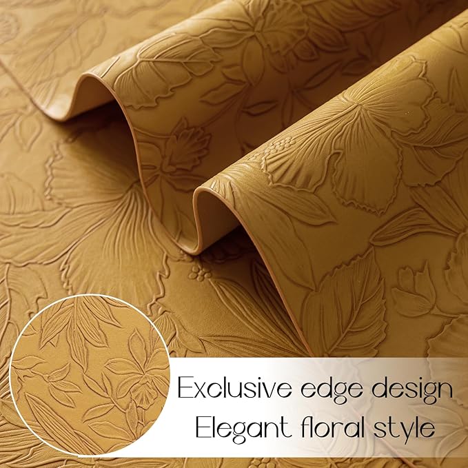 Romanstile Vinyl Placemats Set of 8-12 X 18 Inch - Heat Resistant Non-Slip Embossed Floral Place Mats 100% Waterproof Oilproof Wipeable Faux Leather Table Mats for Kitchen/Dining/Party, Gold