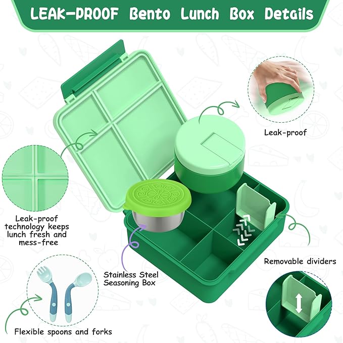 Aimsnk Kids Bento Lunch Box with 8oz Soup Thermo, Kids Leakproof Lunch Food Containers with 4 Compartment,Insulated Hot Food Jar with Lunch Bag for School, Travel (Green)