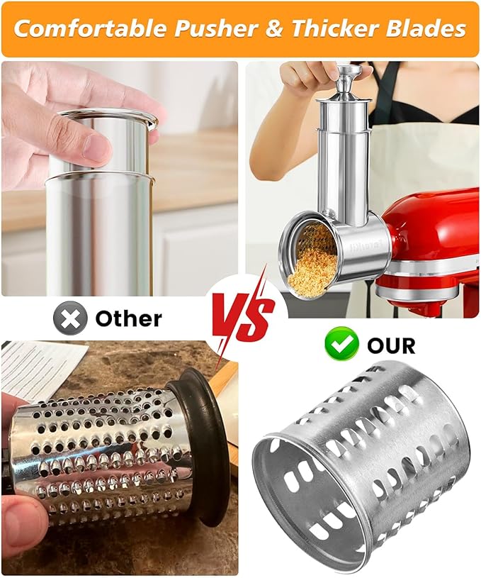 Fresh Prep Slicer Shredder Attachment for KitchenAid Stand Mixers, Stainless Steel Large Salad Maker,Cheese Grater Accessories with 3 Thick Blades,Dishwasher Safe