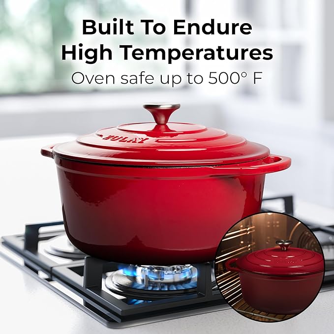Zulay Kitchen 5 Quart Enameled Cast Iron Dutch Oven Pot with Lid ??Premium Durability & Oven Safe up to 500째F ??Heavy Duty Cookware Perfect for Bread Baking, Stews, Braising & Roasting ??Red