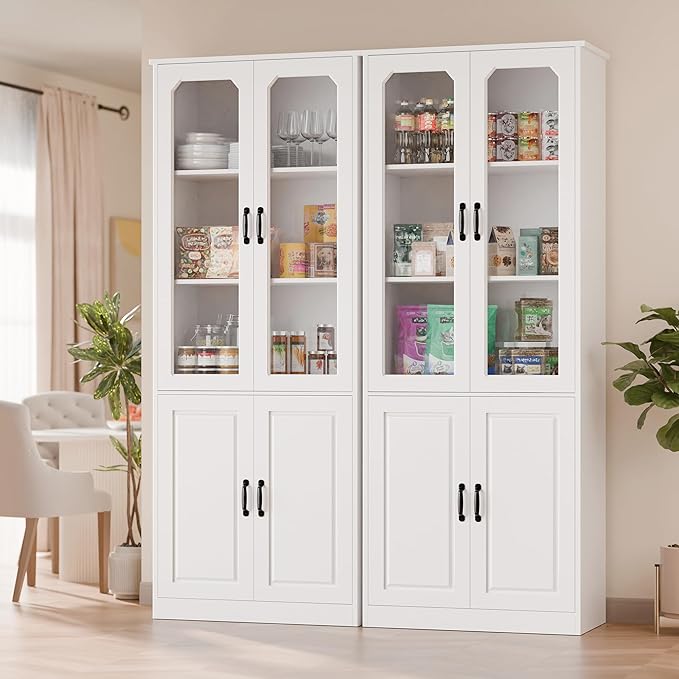 MU 78.7" Tall Kitchen Pantry with 2 Glass Doors, Freestanding China Cabinet with Adjustable Shelves, Large Kitchen Pantry Storage Cabinet Cupboard for Dining Room, Living Room, White (Large, 31.5" W)