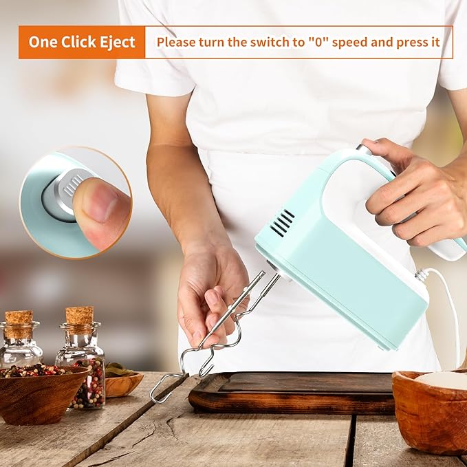 9-Speed Digital Hand Mixer Electric, 400W Powerful DC Motor, Baking Handheld with Snap-On Storage Case, 5 Stainless Steel Accessories, Flat Beaters, Dough Hooks, Whisk(Ice Blue/White)