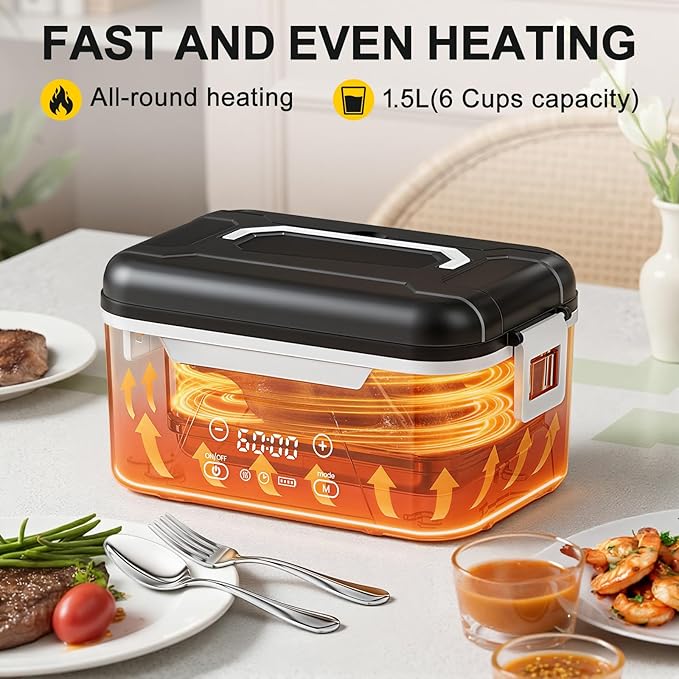 ISNIKA Cordless Heated Lunch Box For Adults, 1.5L (6 Cups) Rechargeable Electric Lunch Box Battery Powered With Scheduled Heating, Automatic Heating,Portable Food Warmer With Insulated Bag (Black)