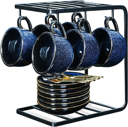 vicrays Ceramic Espresso Coffee Cups Set 4 oz Porcelain Espresso Cups with Saucers Spoons and Metal Stand for Tea Cafe Cappuccino Latte - Set of 6 - Blue