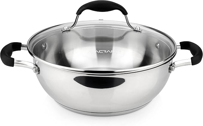 AVACRAFT 18/10 Stainless Steel Everyday Pan, Stir Fry Pan with Five-Ply Base, Chef?셲 Pan with Glass Lid, Multipurpose Stewpot Skillet, Saute Pan, Casserole in Pots and Pans (9 Inch)